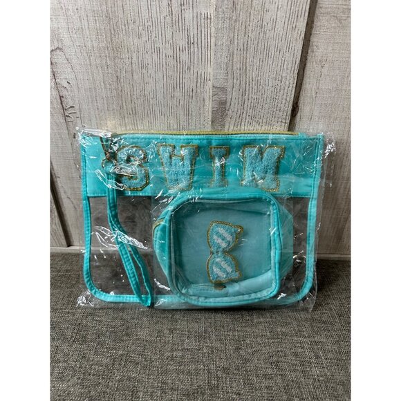 Swim Themed Clear Aqua Cosmetic & Accessory Bag Set With Wristlet - Picture 10 of 10